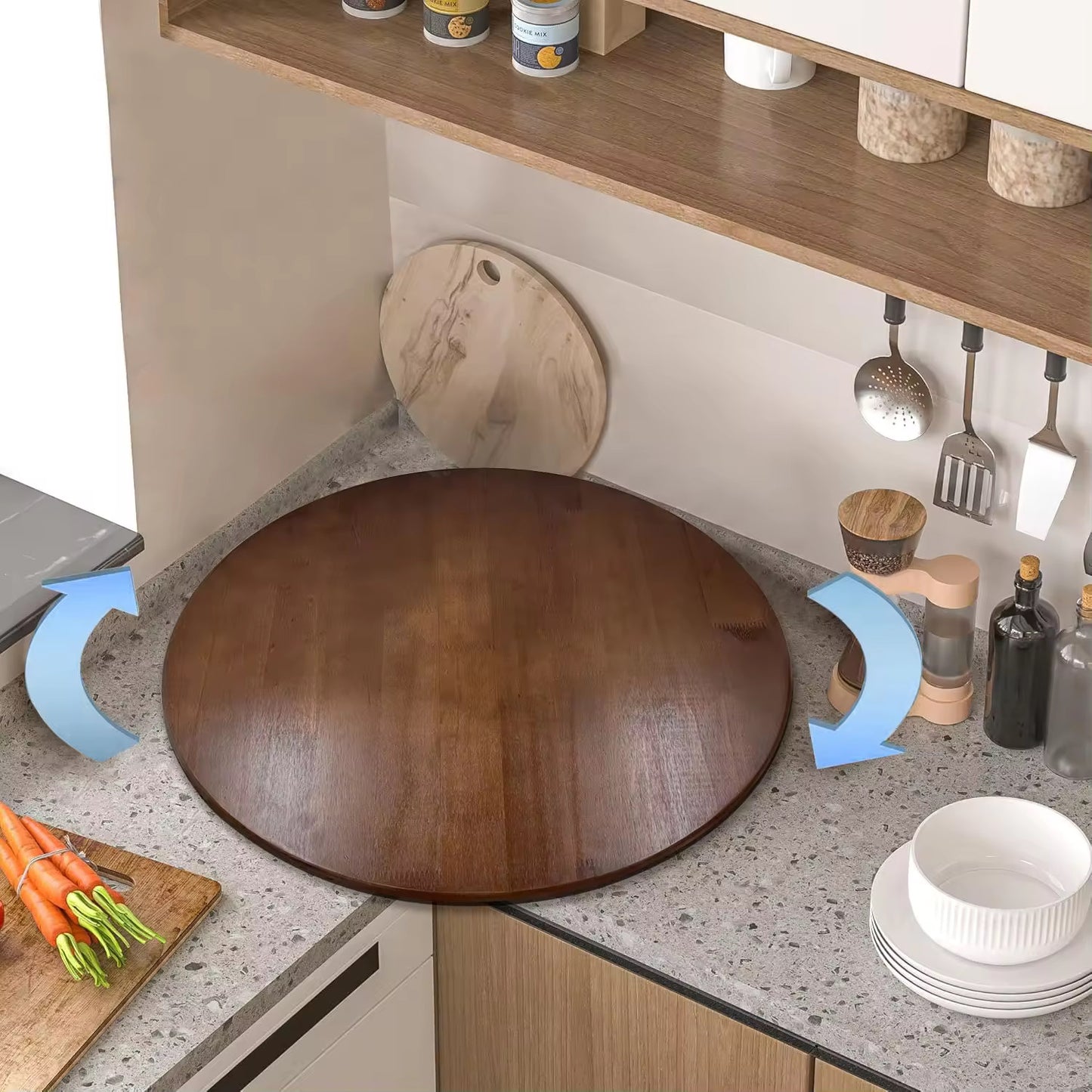 24" Wooden Lazy Susan – Dark Brown Rotating Tray for Dining Table, Kitchen & Pantry  Handcrafted Pine Wood Turntable