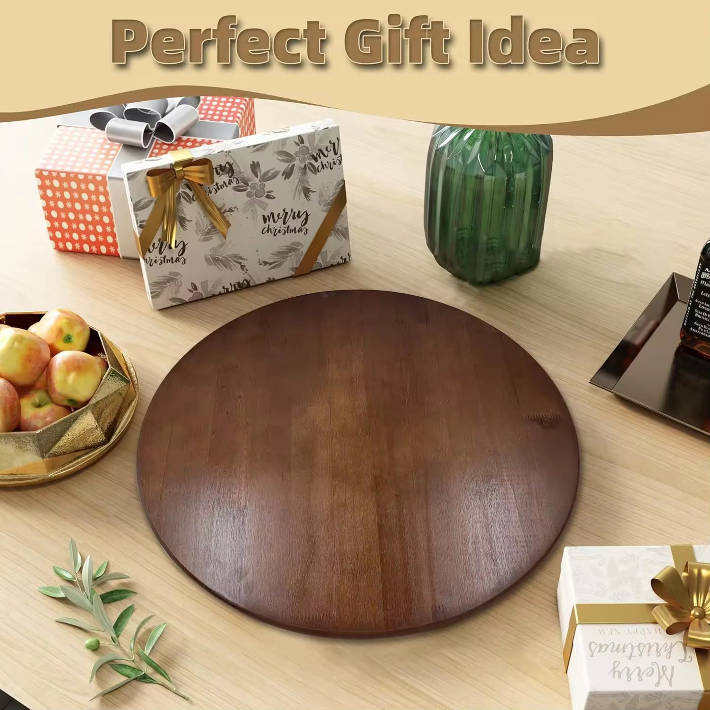 24" Wooden Lazy Susan – Dark Brown Rotating Tray for Dining Table, Kitchen & Pantry  Handcrafted Pine Wood Turntable