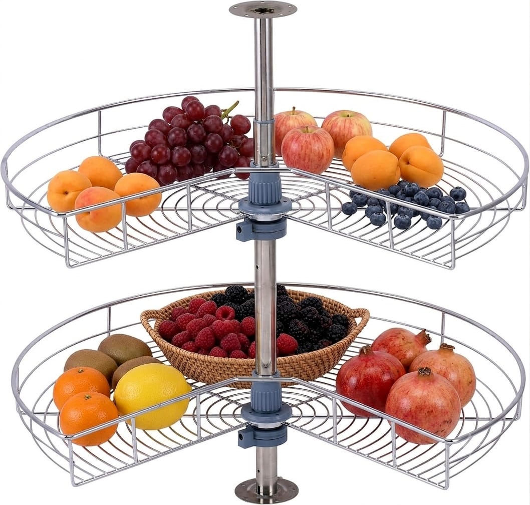 CLS 28 Inch Kidney Shape Lazy Susan Cabinet Organizer 2 Tier 280 Degree Rotating Corner Storage Chrome