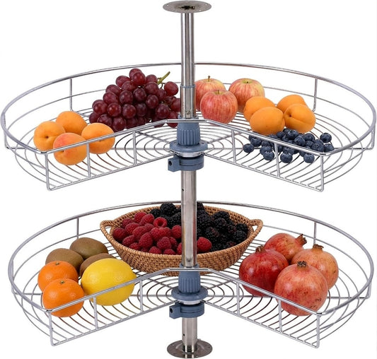 CLS 28 Inch Kidney Shape Lazy Susan Cabinet Organizer 2 Tier 280 Degree Rotating Corner Storage Chrome