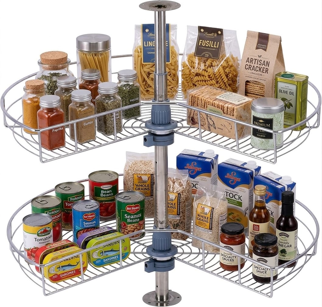 CLS 28 Inch Kidney Shape Lazy Susan Cabinet Organizer 2 Tier 280 Degree Rotating Corner Storage Chrome