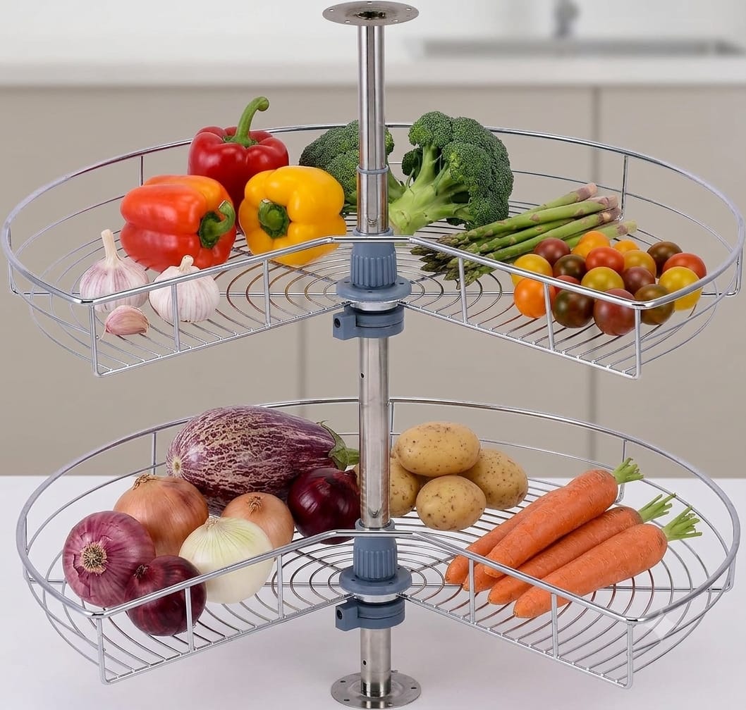 CLS 28 Inch Kidney Shape Lazy Susan Cabinet Organizer 2 Tier 280 Degree Rotating Corner Storage Chrome
